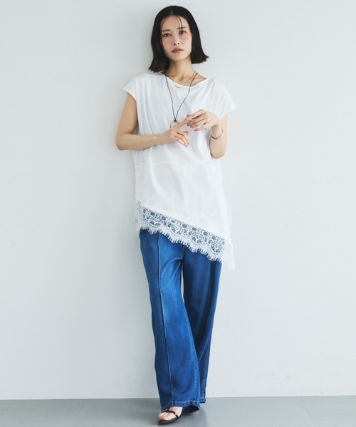 Doux archives(ドゥアルシーヴ)の「【イージーケア/接触冷感】イレヘムレースフレンチTOPS(Tシャツ/カットソー・レディース・モカ/オフホワイト/ブラック・FREE)」の5枚目の写真
