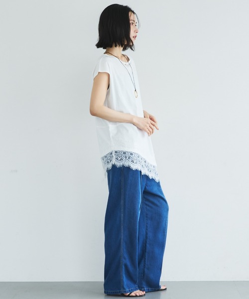 Doux archives(ドゥアルシーヴ)の「【イージーケア/接触冷感】イレヘムレースフレンチTOPS(Tシャツ/カットソー・レディース・モカ/オフホワイト/ブラック・FREE)」の6枚目の写真