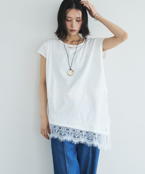 Doux archives(ドゥアルシーヴ)の「【イージーケア/接触冷感】イレヘムレースフレンチTOPS(Tシャツ/カットソー・レディース・モカ/オフホワイト/ブラック・FREE)」の9枚目の写真