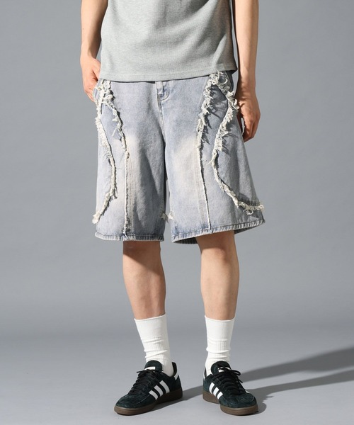 LAND MUSEUM(ランドミュージアム)の「LAND MUSEUM/デストロイワイドショートパンツ(デニムパンツ・メンズ・ブルー/ブラック・LARGE/MEDIUM)」の1枚目の写真