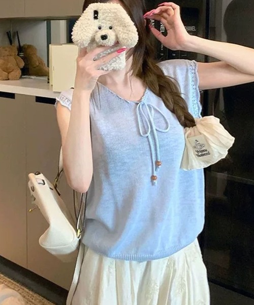 Girly Doll(ガーリードール)の「Vネックリボン付きサマーニット(ニット/セーター・レディース・ブルー/イエロー/パープル/ベージュ・FREE)」の16枚目の写真