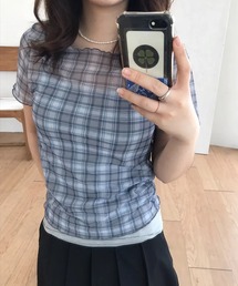 シアータイトチェックプリントTシャツ/メローフリル/半袖/シアートップス
