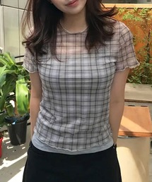シアータイトチェックプリントTシャツ/メローフリル/半袖/シアートップス