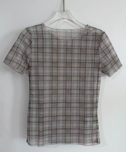shyam inspiration（シャムインスピレーション）の「シアータイトチェックプリントTシャツ/メローフリル/半袖/シアートップス（Tシャツ/カットソー・レディース・グレー/アイボリー・F）」の7枚目の写真
