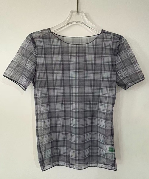 shyam inspiration（シャムインスピレーション）の「シアータイトチェックプリントTシャツ/メローフリル/半袖/シアートップス（Tシャツ/カットソー・レディース・グレー/アイボリー・F）」の6枚目の写真