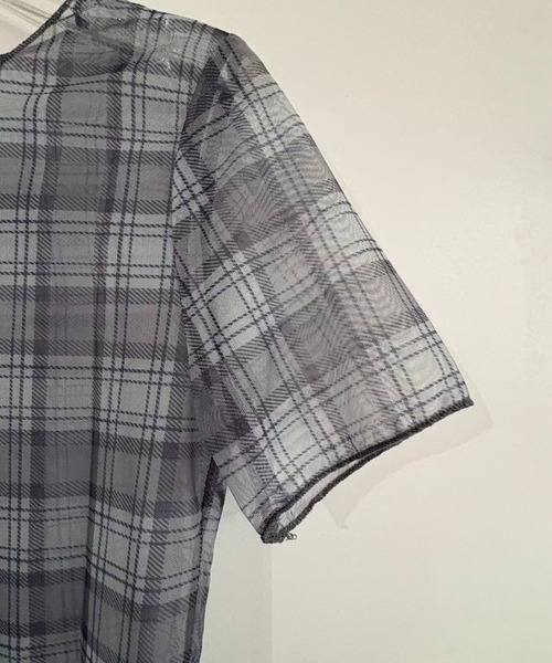 shyam inspiration（シャムインスピレーション）の「シアータイトチェックプリントTシャツ/メローフリル/半袖/シアートップス（Tシャツ/カットソー・レディース・グレー/アイボリー・F）」の5枚目の写真