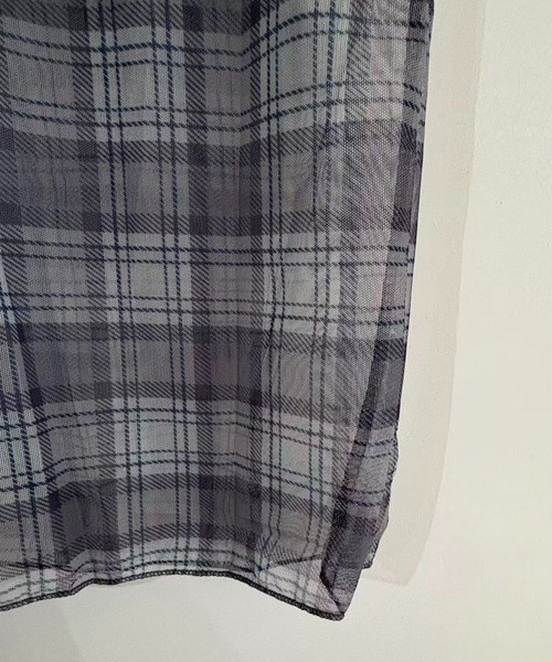 shyam inspiration（シャムインスピレーション）の「シアータイトチェックプリントTシャツ/メローフリル/半袖/シアートップス（Tシャツ/カットソー・レディース・グレー/アイボリー・F）」の3枚目の写真