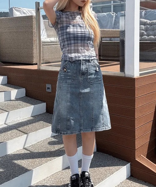 shyam inspiration（シャムインスピレーション）の「シアータイトチェックプリントTシャツ/メローフリル/半袖/シアートップス（Tシャツ/カットソー・レディース・グレー/アイボリー・F）」の10枚目の写真