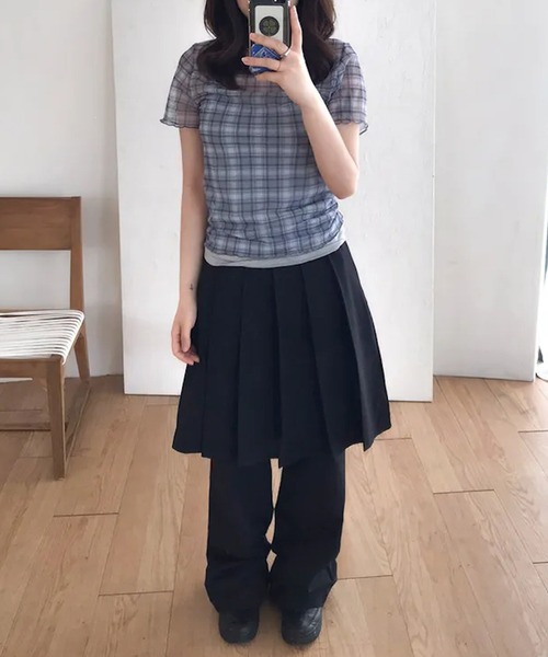 shyam inspiration（シャムインスピレーション）の「シアータイトチェックプリントTシャツ/メローフリル/半袖/シアートップス（Tシャツ/カットソー・レディース・グレー/アイボリー・F）」の14枚目の写真