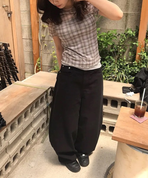 shyam inspiration（シャムインスピレーション）の「シアータイトチェックプリントTシャツ/メローフリル/半袖/シアートップス（Tシャツ/カットソー・レディース・グレー/アイボリー・F）」の18枚目の写真