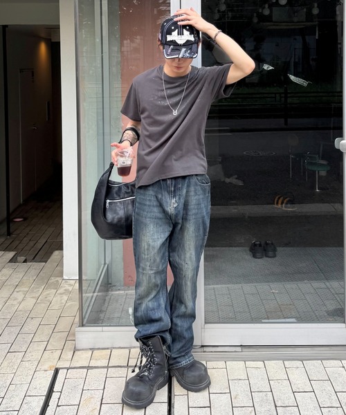 Chikashitsu +（チカシツプラス）の「【Chikashitsu +】sunshine printing crop tee (4color) / 【チカシツプラス】ウォッシュド半袖プリントTシャツ＜着用動画あり＞（Tシャツ/カットソー・メンズ・ネイビー/チャコール/ホワイト/グレー・ONE SIZE）」の11枚目の写真