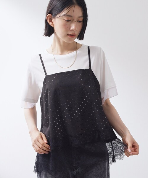 THE SHOP TK (ザ ショップ ティーケー )の「【セットアップ可】ドット柄 レース切替キャミソール(タンクトップ・レディース・ブラック系/アイボリー系・13/12)」の2枚目の写真