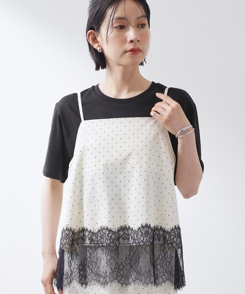 THE SHOP TK (ザ ショップ ティーケー )の「【セットアップ可】ドット柄 レース切替キャミソール(タンクトップ・レディース・ブラック系/アイボリー系・13/12)」の1枚目の写真
