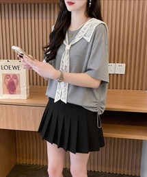 レース切替 ウエストドロスト コットン 半袖Tシャツ