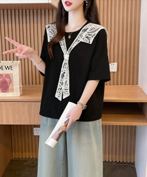 AMAJI（アマジ）の「レース切替 ウエストドロスト コットン 半袖Tシャツ（Tシャツ/カットソー・レディース・グレー/ブラック・MEDIUM/LARGE/X-LARGE）」の2枚目の写真