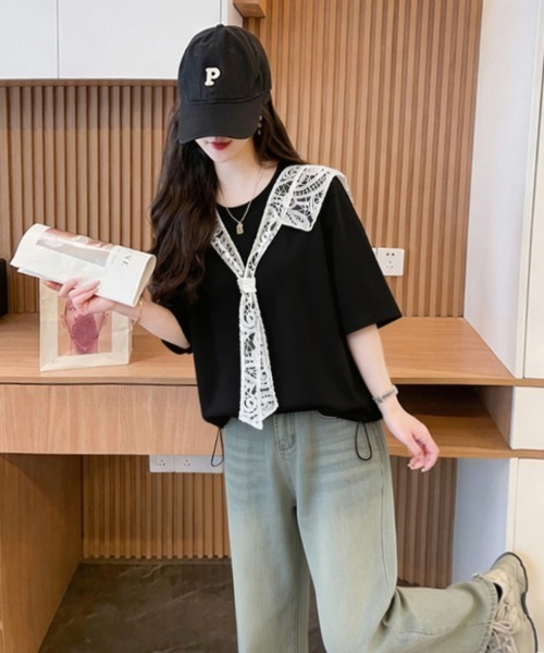 AMAJI（アマジ）の「レース切替 ウエストドロスト コットン 半袖Tシャツ（Tシャツ/カットソー・レディース・グレー/ブラック・MEDIUM/LARGE/X-LARGE）」の3枚目の写真