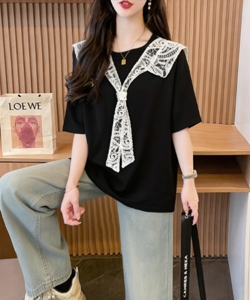 AMAJI（アマジ）の「レース切替 ウエストドロスト コットン 半袖Tシャツ（Tシャツ/カットソー・レディース・グレー/ブラック・MEDIUM/LARGE/X-LARGE）」の4枚目の写真