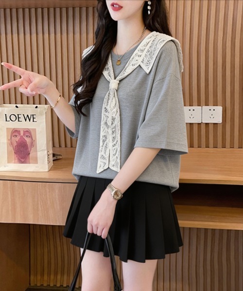 AMAJI（アマジ）の「レース切替 ウエストドロスト コットン 半袖Tシャツ（Tシャツ/カットソー・レディース・グレー/ブラック・MEDIUM/LARGE/X-LARGE）」の5枚目の写真