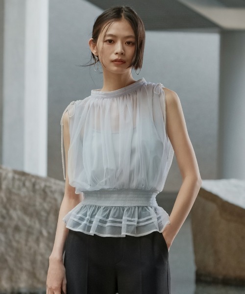 FRAY I.D(フレイアイディー)の「2wayチュールドッキングカットソー(Tシャツ/カットソー・レディース・アイボリー/ライトブルー/ブラック・F)」の1枚目の写真