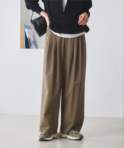 毛ポリエステルブレンド ワイドタックパンツ 防シワ ウォッシャブル