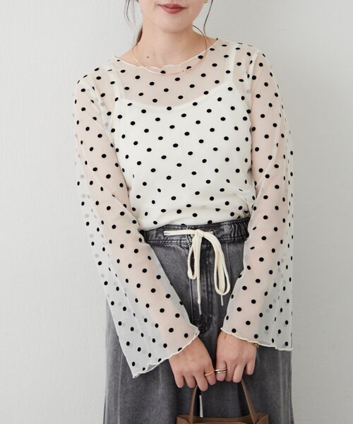 Remind me and forever(リマインドミーアンドフォーエバー)の「【2set】チュールドットプルオーバー+キャミ(Tシャツ/カットソー・レディース・アイボリー/ブラック/ブラウン・FREE)」の6枚目の写真