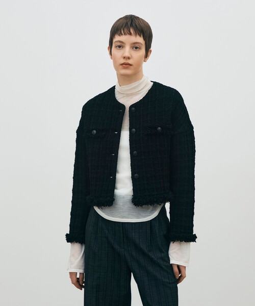 DES PRES(デ・プレ)の「【WEB先行予約】ツイードニット ショートジャケット(ノーカラージャケット・レディース・ブラック・FREE)」の3枚目の写真