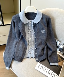 リボン刺繍カーディガン×フリルポロニットツーピース