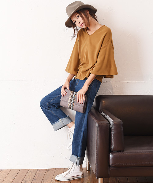 Luz Llena (philter)（ラズレナ　フィルター）の「[made in Japan]フレアスリーブ・ニットソートップス（Tシャツ/カットソー・レディース・キャメル/ブラック/カーキ・MEDIUM）」の4枚目の写真