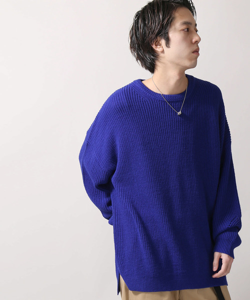 WEGO（ウィゴー）の「WEGO/サイドスリットビッグシルエットニット（ニット/セーター・メンズ・ホワイト/ブラック/ロイヤルブルー・MEDIUM/LARGE）」の3枚目の写真