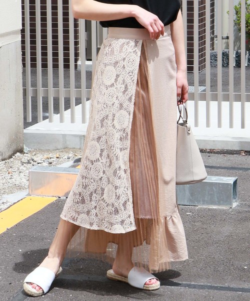 HER CLOSET(ハークローゼット)の「【HERCLOSET】異素材レースロングアシンメトリースカート(スカート)」|ベージュ
