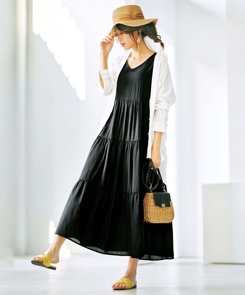 GeeRA(ジーラ)の「リネン風ティアードワンピース(ワンピース・レディース・キャメル/ブラック/レッド・MEDIUM/XX-LARGE/X-LARGE/SMALL/LARGE)」の8枚目の写真