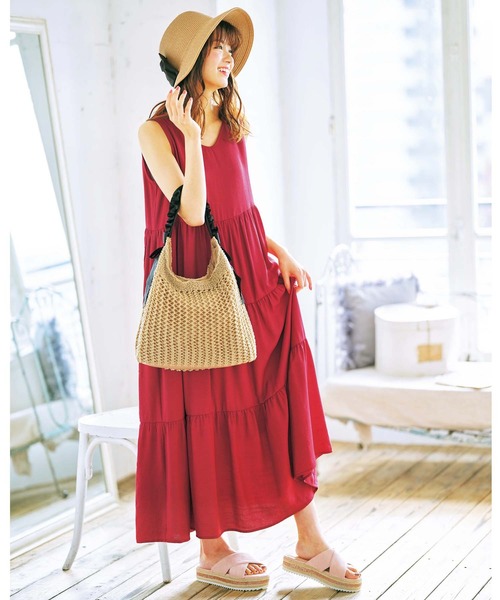 GeeRA(ジーラ)の「リネン風ティアードワンピース(ワンピース・レディース・キャメル/ブラック/レッド・MEDIUM/XX-LARGE/X-LARGE/SMALL/LARGE)」の10枚目の写真