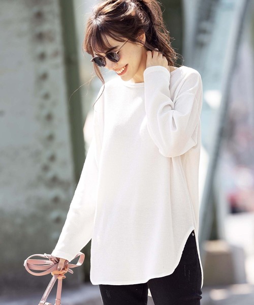 GeeRA(ジーラ)の「ラウンドヘムワッフルロングTシャツ(Tシャツ/カットソー・レディース・ブラック/オフホワイト・X-LARGE/LARGE/MEDIUM)」の1枚目の写真