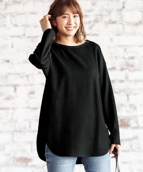 GeeRA(ジーラ)の「ラウンドヘムワッフルロングTシャツ(Tシャツ/カットソー・レディース・ブラック/オフホワイト・X-LARGE/LARGE/MEDIUM)」の2枚目の写真