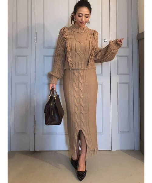 RESEXXY（リゼクシー）の「フリンジケーブルニットトップス【セットアップ着用可能】（ニット/セーター・レディース・ブラック/ベージュ/ブラウン・FREE）」の9枚目の写真