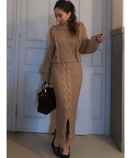 RESEXXY（リゼクシー）の「フリンジケーブルニットトップス【セットアップ着用可能】（ニット/セーター・レディース・ブラック/ベージュ/ブラウン・FREE）」の10枚目の写真