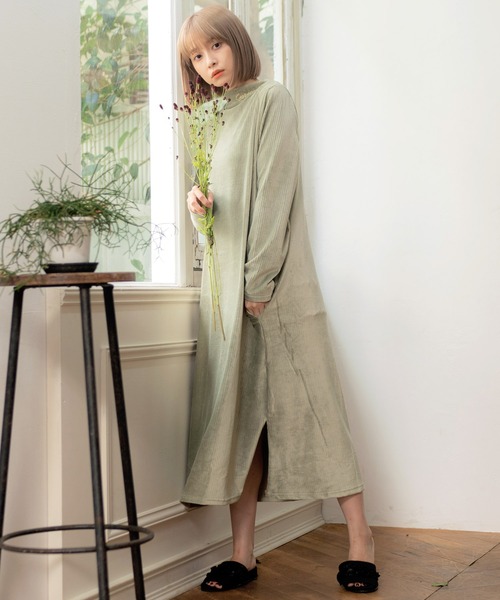 Dita（ディータ）の「ニットコールテンロングワンピースルームウェア パジャマ（ルームワンピース・レディース・ナチュラル/オリーブ/ピンク/ブラック/ブラウン・FREE）」の4枚目の写真