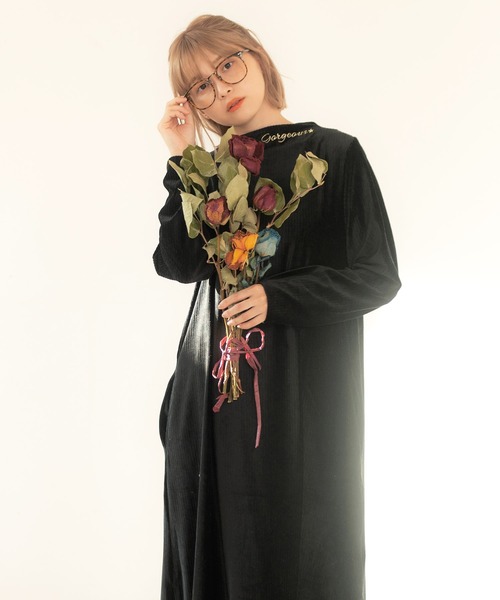 Dita（ディータ）の「ニットコールテンロングワンピースルームウェア パジャマ（ルームワンピース・レディース・ナチュラル/オリーブ/ピンク/ブラック/ブラウン・FREE）」の3枚目の写真