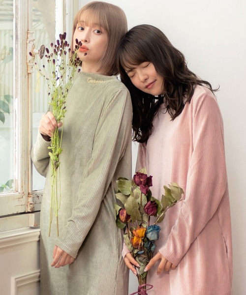 Dita（ディータ）の「ニットコールテンロングワンピースルームウェア パジャマ（ルームワンピース・レディース・ナチュラル/オリーブ/ピンク/ブラック/ブラウン・FREE）」の7枚目の写真