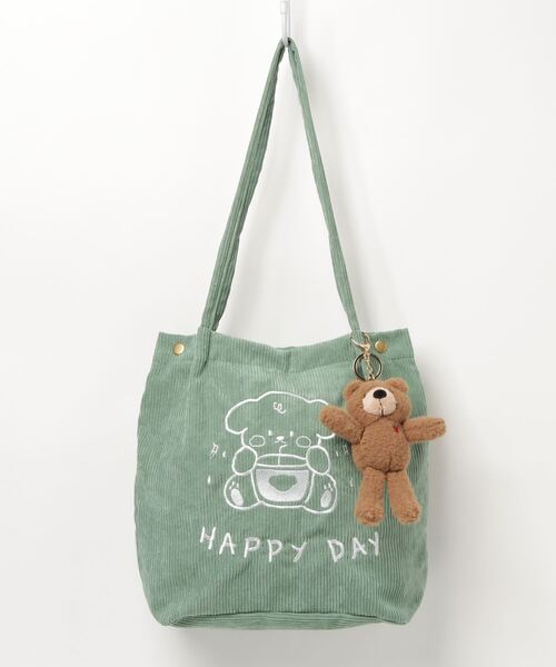 SFW（エスエフダブリュー）の「春夏新作 HAPPYDAY エコバッグ トートバッグ ショルダー コーデユロイ 刺繍 キャラ 日常（トートバッグ・レディース・ホワイト/イエロー/ブルー/グリーン・FREE）」の3枚目の写真