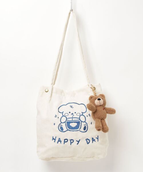 SFW（エスエフダブリュー）の「春夏新作 HAPPYDAY エコバッグ トートバッグ ショルダー コーデユロイ 刺繍 キャラ 日常（トートバッグ・レディース・ホワイト/イエロー/ブルー/グリーン・FREE）」の13枚目の写真