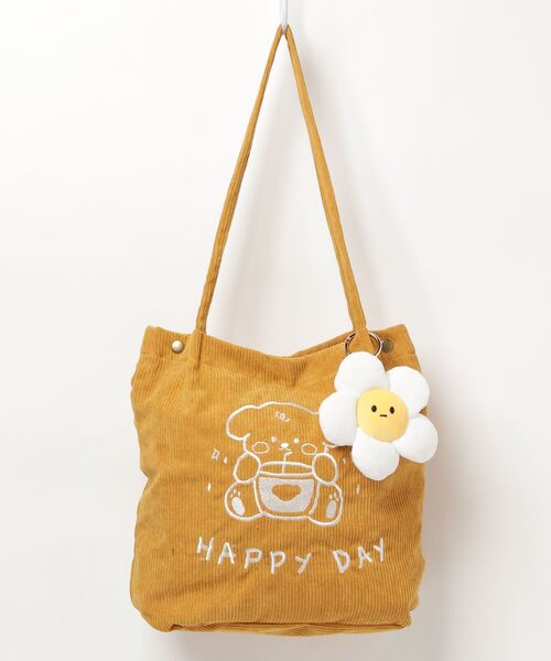 SFW（エスエフダブリュー）の「春夏新作 HAPPYDAY エコバッグ トートバッグ ショルダー コーデユロイ 刺繍 キャラ 日常（トートバッグ・レディース・ホワイト/イエロー/ブルー/グリーン・FREE）」の5枚目の写真