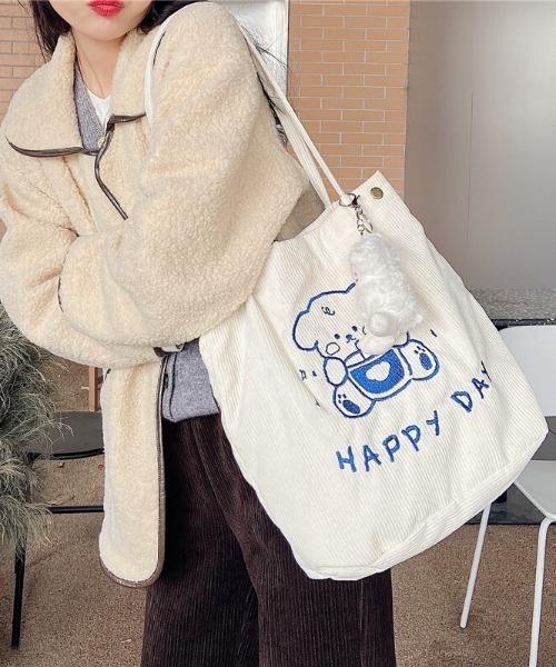 SFW（エスエフダブリュー）の「春夏新作 HAPPYDAY エコバッグ トートバッグ ショルダー コーデユロイ 刺繍 キャラ 日常（トートバッグ・レディース・ホワイト/イエロー/ブルー/グリーン・FREE）」の14枚目の写真
