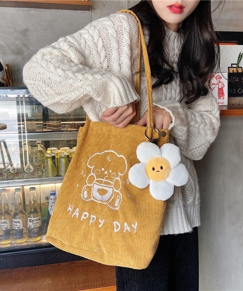 SFW（エスエフダブリュー）の「春夏新作 HAPPYDAY エコバッグ トートバッグ ショルダー コーデユロイ 刺繍 キャラ 日常（トートバッグ・レディース・ホワイト/イエロー/ブルー/グリーン・FREE）」の11枚目の写真