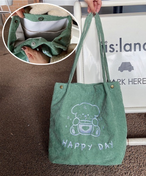 SFW（エスエフダブリュー）の「春夏新作 HAPPYDAY エコバッグ トートバッグ ショルダー コーデユロイ 刺繍 キャラ 日常（トートバッグ・レディース・ホワイト/イエロー/ブルー/グリーン・FREE）」の18枚目の写真