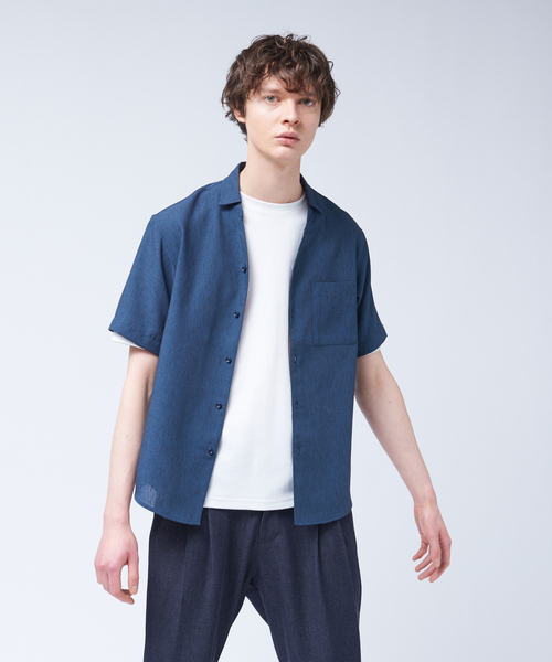 ABAHOUSE（アバハウス）の「リネンライク Vネック 半袖 シャツ（シャツ/ブラウス・メンズ・イエロー/ネイビー/ホワイト/ピンク/スモークピンク/チャコールグレー・44/46/48）」の3枚目の写真