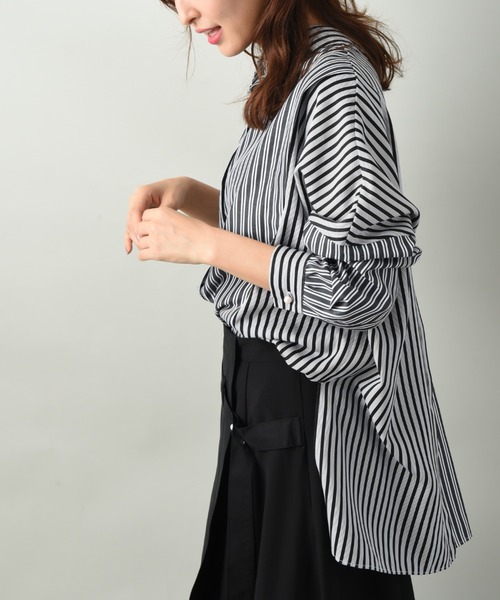 blanc basque（ブランバスク）の「【Ｐｅａｒｌ　ｂｕｔｔｏｎ】ストライプ２素材切替ブラウス（シャツ/ブラウス・レディース・ブラック/ベージュ・FREE）」の14枚目の写真