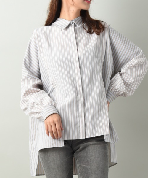 blanc basque（ブランバスク）の「【Ｐｅａｒｌ　ｂｕｔｔｏｎ】ストライプ２素材切替ブラウス（シャツ/ブラウス・レディース・ブラック/ベージュ・FREE）」の4枚目の写真