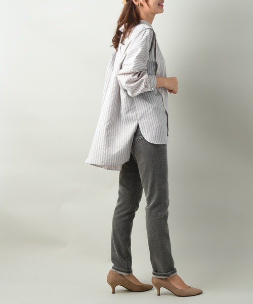 blanc basque（ブランバスク）の「【Ｐｅａｒｌ　ｂｕｔｔｏｎ】ストライプ２素材切替ブラウス（シャツ/ブラウス・レディース・ブラック/ベージュ・FREE）」の8枚目の写真