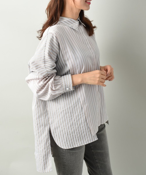 blanc basque（ブランバスク）の「【Ｐｅａｒｌ　ｂｕｔｔｏｎ】ストライプ２素材切替ブラウス（シャツ/ブラウス・レディース・ブラック/ベージュ・FREE）」の5枚目の写真